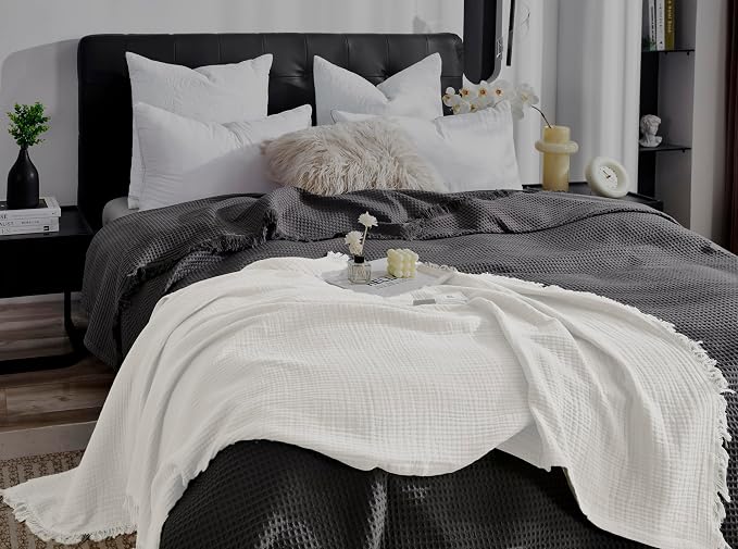KyraHome 100% Cotton Muslin Blankets for Adults, Couch, 50"x60", Pre-Washed Plant Dyed, Breathable Lightweight Gauze Summer Throw Blanket, All Season (White)