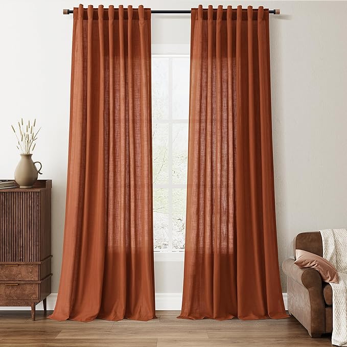 Nanspring Terracotta Linen Curtains Extra Long 120 Inches Long for Living Room 2 Panel Set Back Tab Boho Farmhouse Semi Sheer Window Fall Drapes for Dining Room Large Window 10 FT Tall W50 x L120
