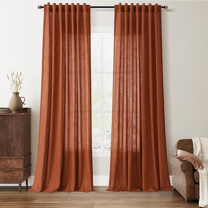 Nanspring Linen Curtains 90 Inches Long 2 Panels for Bedroom Living Room Ivory Light Filtering Windows with Back Tab, Semi Sheer & Privacy Farmhouse Style for Living Room, Terracotta, W50 x L90