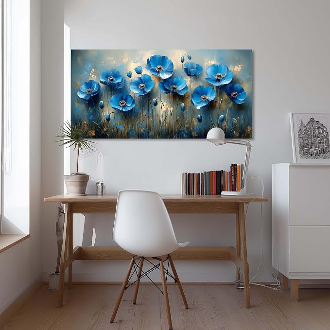Ggaafet Navy Blue Flowers Wall Art for Living Room Canvas Oil Painting Prints Beautiful Floral Blooming Art Deco Pretty Artwork Office Bedroom Family Dining Room Decor Large