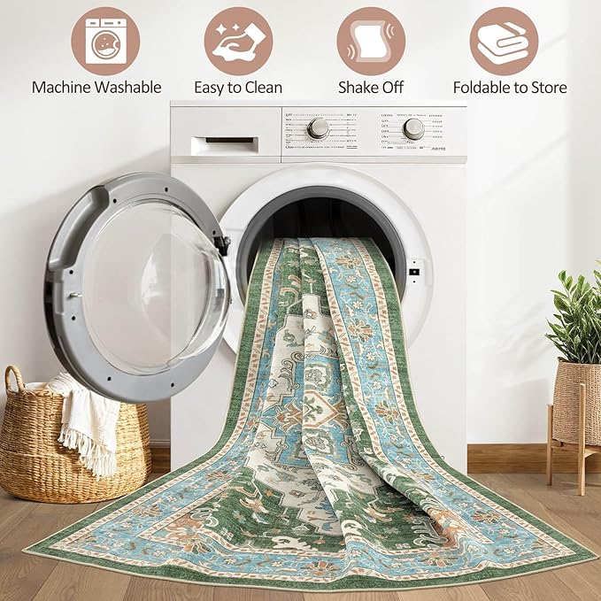 8x10 Area Rugs Living Room: Washable Boho Large Neutral Vintage Soft Rug Stain Resistant Farmhouse Non-Slip Indoor Floor Retro Carpet for Bedroom Nursery Kids Office Dining Room- Green Multi