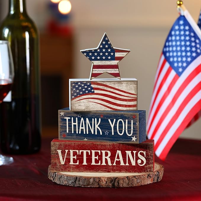 CroBlissful 4 Pcs Memorial Day Decorations Patriotic 4th of July Tabletop Decorations Red White Blue Table Centerpieces Star Sign for Office Tiered Tray Home Shelf 250th Anniversary
