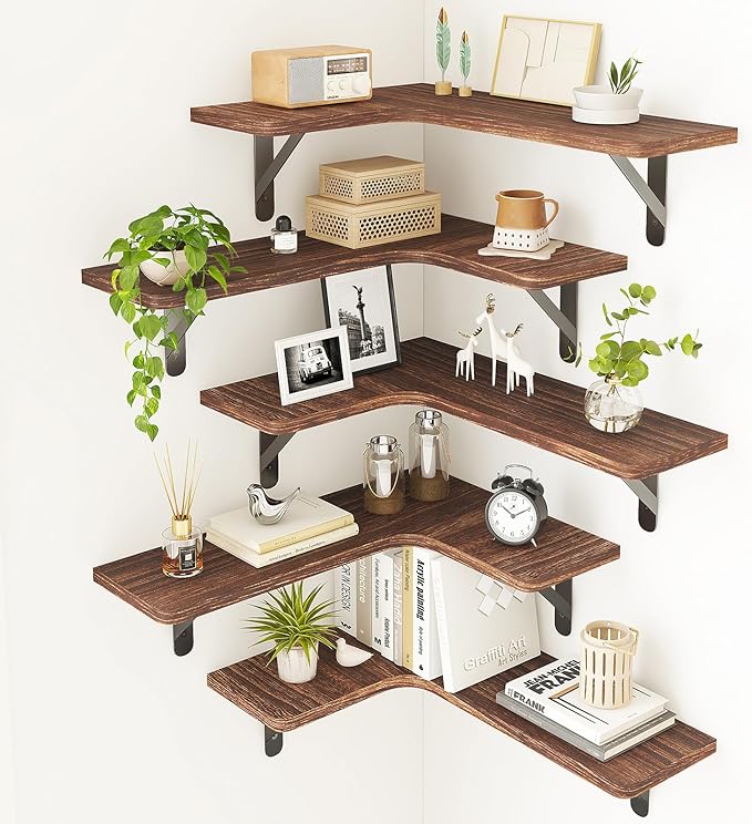 Fixwal Corner Floating Shelves for Wall, Rustic Wood Wall Mounted Shelf for Bathroom, Kitchen, Bedroom, Home Decor, Laundry Room, Living Room, Set of 5 (Dark Carbonized Black)