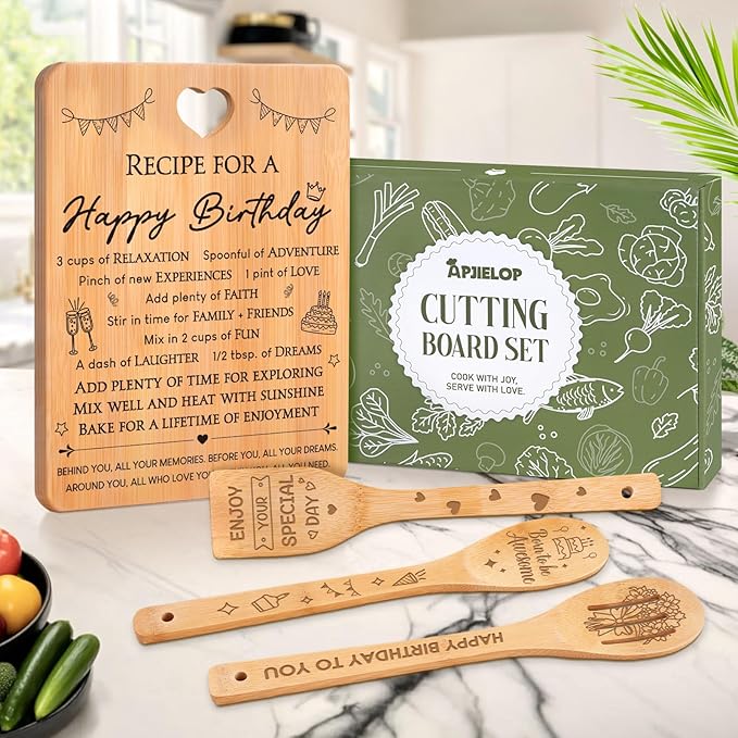 Birthday Gifts for Women - "Recipe for a Special Happy Birthday" Birthday Gifts for Men Cutting Board Set, Bamboo-Made Engraved Utensil Set Gifts for Women Birthday.