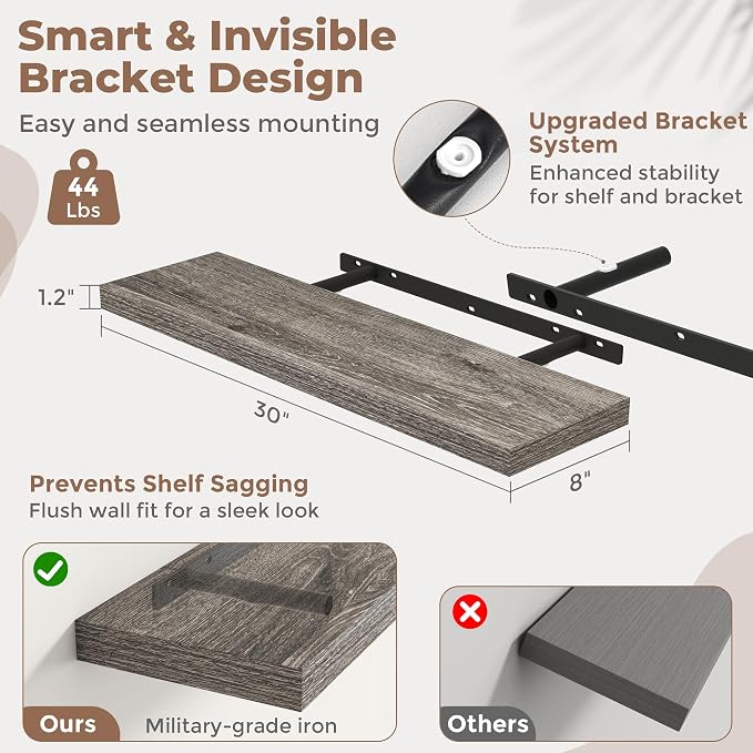 30 Inch Floating Shelves for Wall Set of 2, 8"D Wood Grain Bathroom Shelves with Invisible Brackets, Easy Install Engineered Wood Storage Shelves for Kitchen, Living Room, Bedroom, Grey Oak Finish