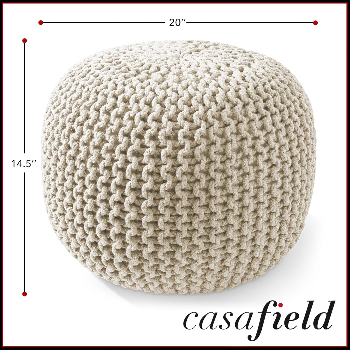 Casafield Round Pouf Ottoman, Natural - 20" Diameter x 14.5" High Cotton Knit Foot Stool - Boho Floor Pouffe for Living Room, Bedroom, Home Office
