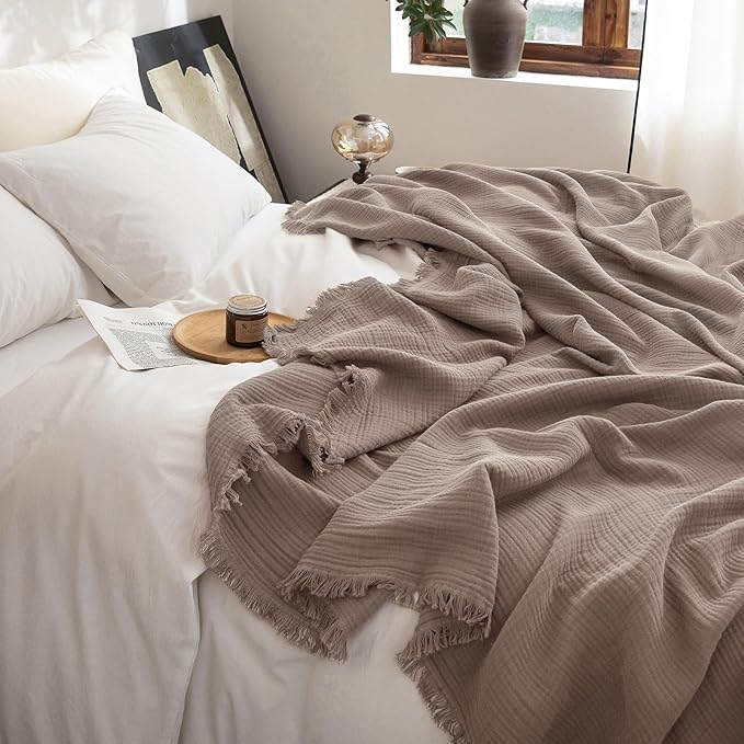 FOSSA Muslin Blanket 4-Layer 100% Cotton Gauze Blanket with Fringe 90"x90" | Super Soft Breathable Lightweight All Season & Decorative Blanket or Bed, Sofa, Office (Pale Brown, Queen )