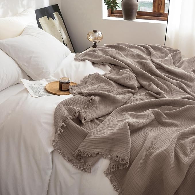 FOSSA Muslin Blanket 4-Layer 100% Cotton Gauze Blanket with Fringe 108"x98" | Super Soft Breathable Lightweight All Season & Decorative Blanket or Bed, Sofa, Office (Pale Brown,Super King)