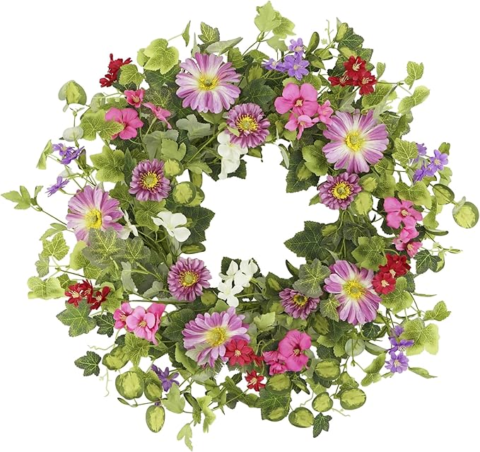 YNYLCHMX 18" Spring Summer Wreaths for Front Door, Artificial Floral Wreath with Pink Daisy & Green Eucalyptus Leaves, Green Foliage Wreath for Wall Window Farmhouse Party Holiday Home Decor