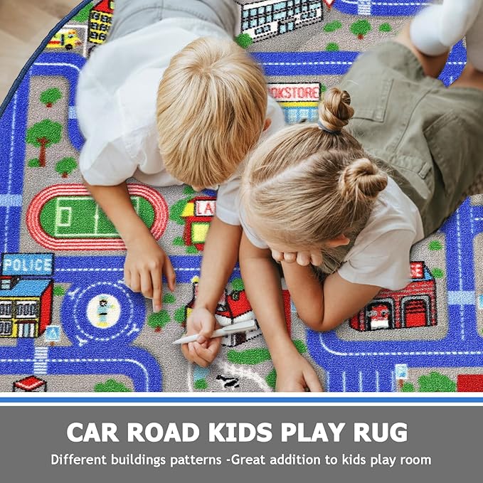 Capslpad Blue Car Road Kid Rug Carpet Playmat for Playoom Traffic Road Kids Play Mat for Toddler Non Slip Washable City Map Race Track Carpet Rug for Kids Room Bedroom Nursery Room Decor,6.6'x6.6'