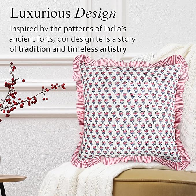 CPC Pink Sapphire Ruffle Throw Pillow Covers for Couch, 24x24 Inch Cotton Stripe Ruffle Couch Pillows for Living Room, Hidden 20 Inch Zipper Boho Pillow Case or Cute Outdoor Pillows