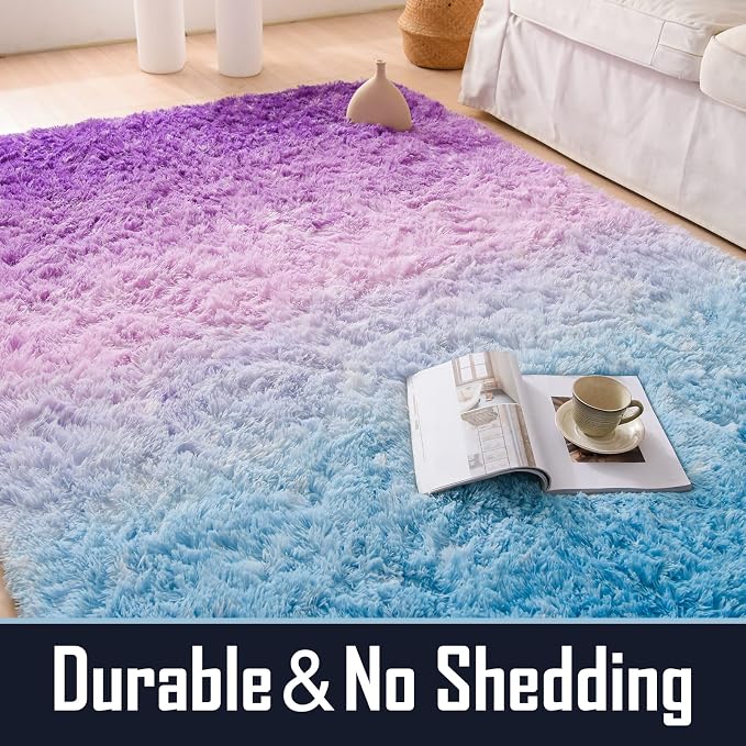 A Nice Night Shaggy Fluffy Faux Fur Area Rug, BluePurple Tie Dye Star Glitter Printed,Soft, Luxurious Carpet Rugs for Nursery Rug, Bedroom, Living Room,5'x7'
