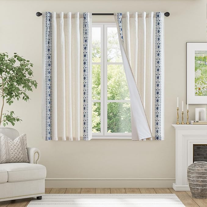 jinchan Weslie Boho Lined Linen Curtains for Bedroom Blue Vintage Floral Farmhouse Curtains 63 Inch Length Linen Drapes for Living Room Embroidered Drapes Rod Pocket Blue on Beige 2 Panels