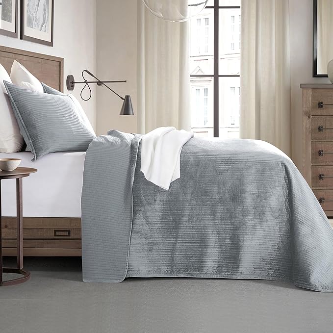 Elegant Comfort Luxury 3-Piece Velvet Corduroy Stripe Quilt Set, Ultra Soft Bedspread - Cozy Velvet Coverlet Set - 3PC Medium Weight Quilted Set with Matching Pillow Shams, King, Gray