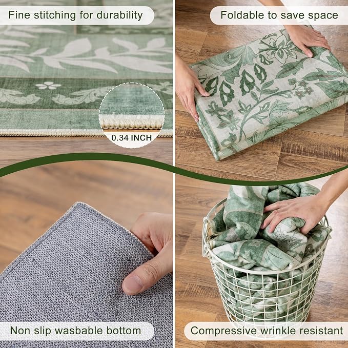 LIANLAM Washable Rug 10x14 Area Rugs for Living Room - Stain Resistant Non-Slip Backing Floral Design Rug for Bedroom,Durable & Ultra-Thin Vintage Large Area Rug(10x14,Green)