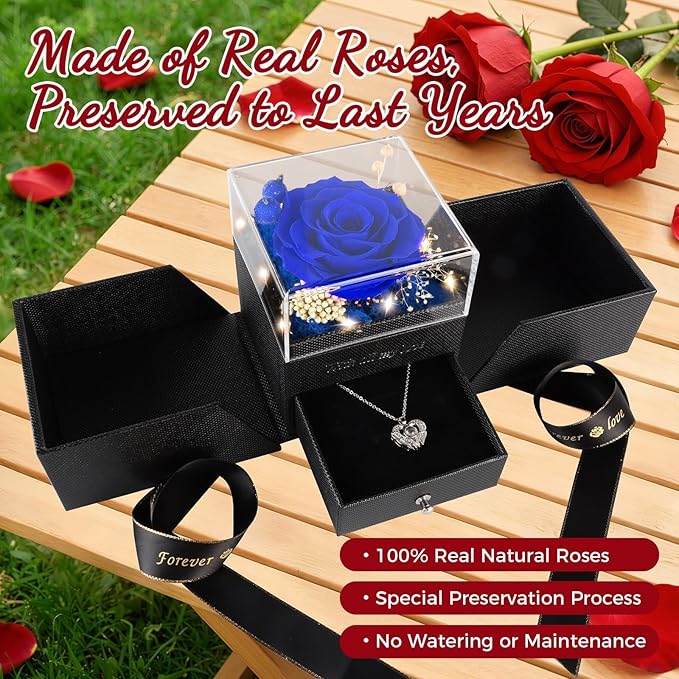 TranquilBliss Gifts for Mom, Preserved Real Blue Rose Gift Box with Heart Necklace,“I Love You” in 100 Languages, I Love You Eternal Flowers Rose Gift Set for Mother's Day, Anniversary