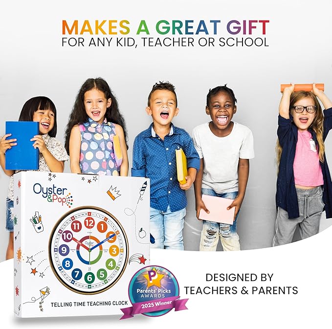 Oyster&Pop Learning Clock for Kids - Award-Winning Silent Wall Clock - 10" Non-Ticking Analog Teaching Clock for Classrooms Bedrooms & Kids Rooms - Children Learn to Tell Time Easily