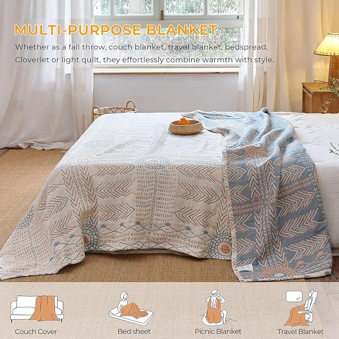Boho Orange Reversible Throw Blanket – Twin Size 60"x80" Lightweight 4-Layer 100% Cotton Muslin, Geometric Striped Pattern, Washable & Breathable, Soft Comfy for Couch Bed Decor, All Seasons