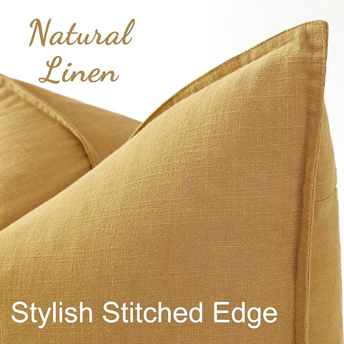 decorUhome Summer Decorative Linen Euro Sham Throw Pillow Covers 24x24 Inch Set of 2 Mustard Yellow Pillow Covers with Flange Edges Soft Farmhouse Boho Accent Pillow Cases for Couch Bed Living Room
