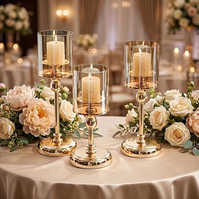 Gold Hurricane Candle Holders - Set of 6 Tall Candlestick Holders Windproof Taper Candle Holders, Metal Stand for Table Centerpiece Outdoor Indoor Wedding Party Holiday Decor