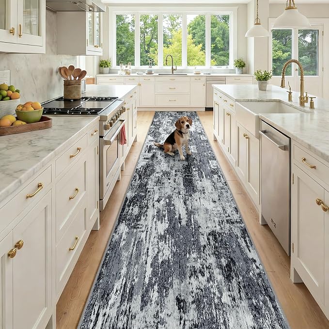 RELEANY Washable Area Rugs 2'6'' x14 Non-Slip Modern Abstract Soft for Living Room Entryway Bedroom Nursery, Print Pattern, Black Navy Blue Gray