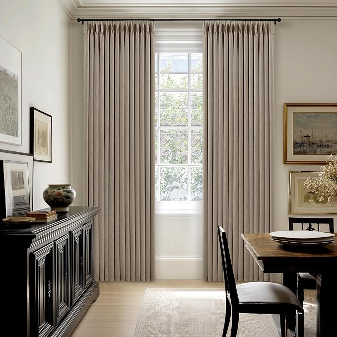 Greige Flax Linen Pinch Pleated Blackout Curtains 86 Inches Long for Bedroom Living Room Darkening 100% Black Out Pinch Pleat Drapes with Liner Farmhouse Neutral 86 Inch Curtain for Dining Room