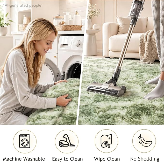 Ophanie 6x9 Green and White Area Rugs for Living Room,Large Sage Green Fluffy Shag Fuzzy Plush Soft Carpets,Floor Shaggy Rugs for Bedroom,Carpet for Kids Girls Dorm Decor with Over 99 pcs Pile fibers