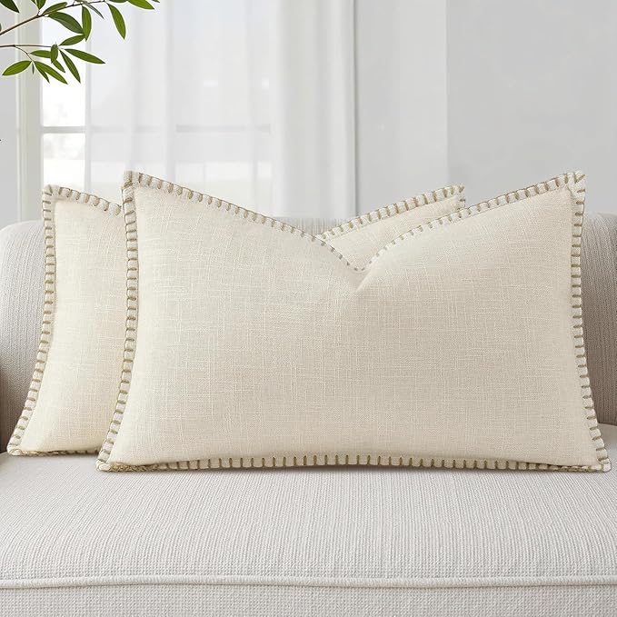 decorUhome Summer Decorative Throw Pillow Covers 12x20 Set of 2 Lumbar Faux Linen Farmhouse Pillow Covers with Stitched Edge Outdoor Neutral Pillow Covers for Couch Sofa Living Room, Cream White