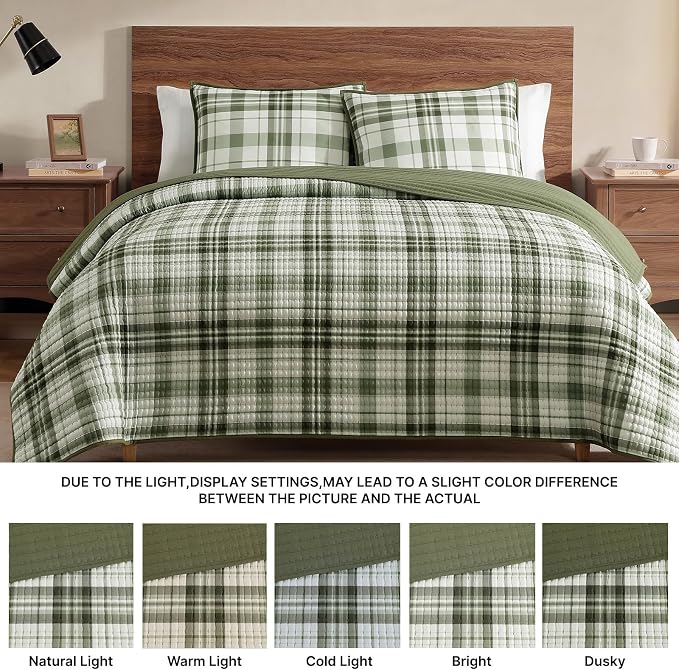WRENSONGE Plaid Twin Quilt-2 Pieces Lightweight Bedspread Olive Green Quilt Twin Size Quilt Bedding Set for All Seasons, Soft Summer Reversible Neutral Coverlet with 1 Pillow Sham