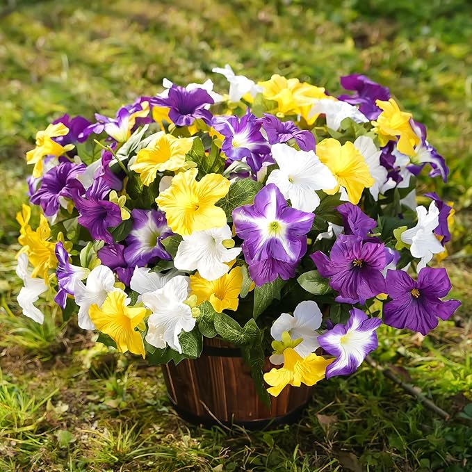 FULLMUSIC Spring Artificial Flowers for Outdoors, UV Resistant Fake Morning Glory, Look Real Faux Silk Plants for Front Door Garden Porch Planter