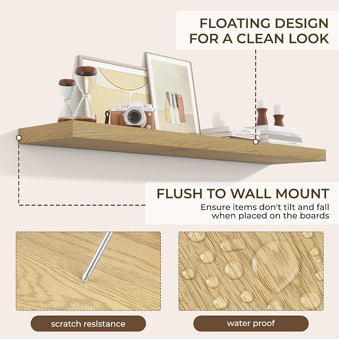 RICHFOCUS 55Inch Floating Shelves for Wall 2 Pack Shelves for Bedroom|Kitchen|Bathroom Wall Mounted Rustic Wood Floating Shelf with Invisible Brackets for Books|Storage|Decor, Oak