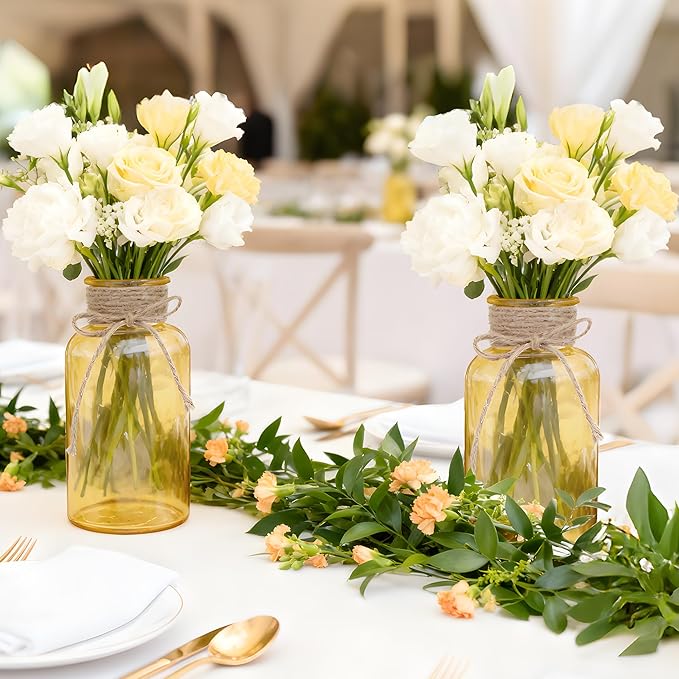 Vintage Glass Flower Vase, Farmhouse Glass Centerpiece Vases Mason Jars for Weddings, Parties & Home Decor Bulk (6, Gold)