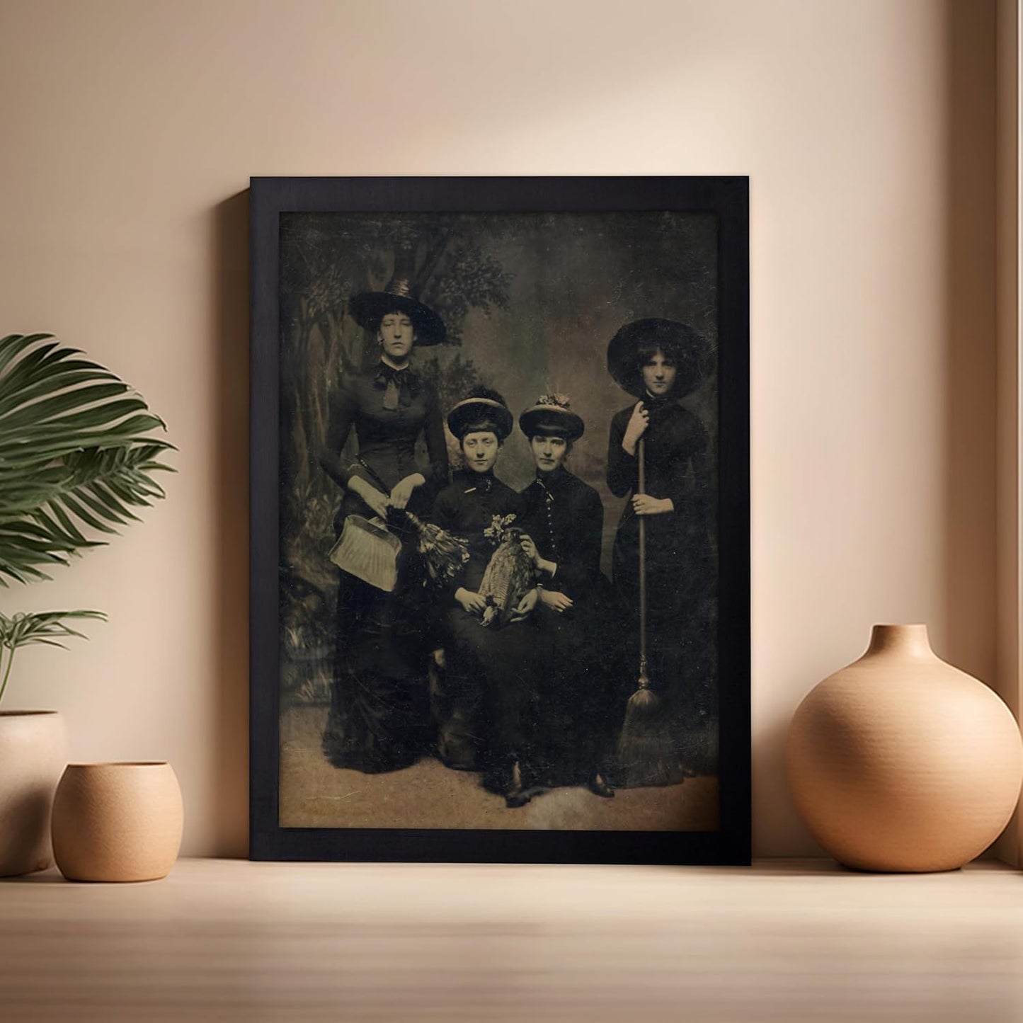 Poster Master Vintage Photograph Poster - Retro Halloween Print - Gift for Artist, Friend - Four Witches Wearing Robes, Sabbath, Coven, Sorcery - Wall Decor for Home, Office, 16x20 Black Framed