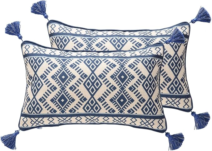 bilin gaier Designer Linen Throw Pillow Covers,20"x12" Set of 2-Suqing D | Vintage Elegant Rectangular Blue Pillow Cover,Concealed Zipper Design,Sofas,Bedroom,Living Room,Dining,Lounge Chairs