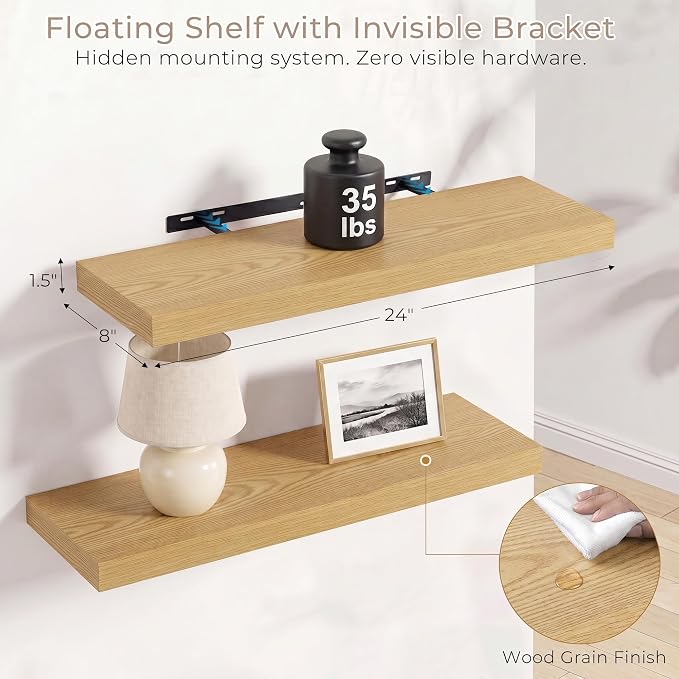 Vivelove Wall Floating Shelves for Display with Invisible Brackets, 24 inch Floating Shelves for Bedroom Bathroom Living Room Kitchen Office, 24”X 8" X 1.4", Set of 2 - Oak