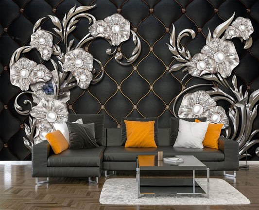 Black Hard Wrapped Pearl Embossed Flowers Wall Mural Wallpaper for Bedroom 178" x 117"