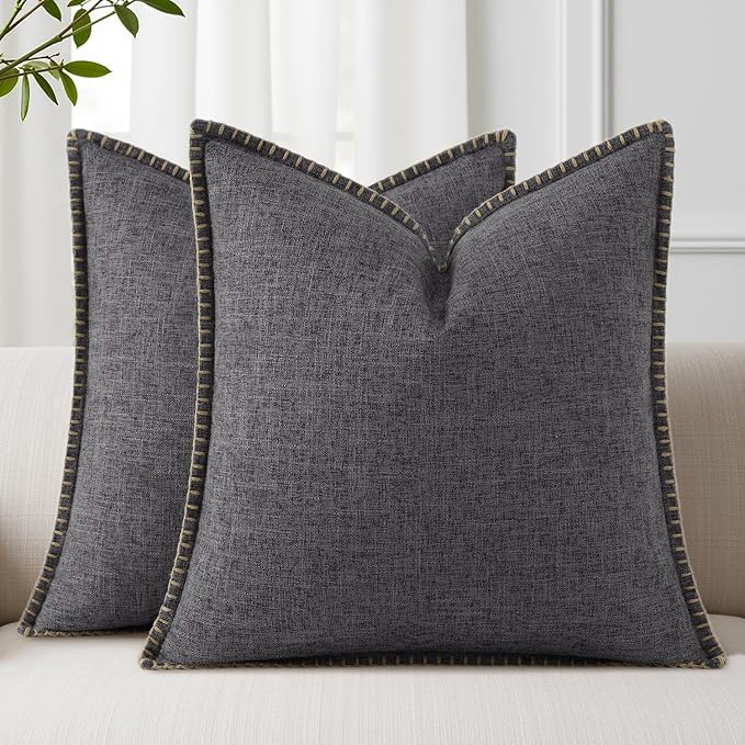 decorUhome Summer Decorative Throw Pillow Covers 26x26 Set of 2 Faux Linen Farmhouse Euro Sham Pillow Covers with Stitched Edge Outdoor Neutral Pillow Covers for Couch Sofa Living Room, Dark Grey