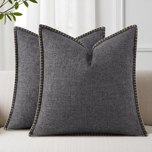 decorUhome Summer Decorative Throw Pillow Covers 22x22 Set of 2 Faux Linen Farmhouse Euro Sham Pillow Covers with Stitched Edge Outdoor Neutral Pillow Covers for Couch Sofa Living Room, Dark Grey