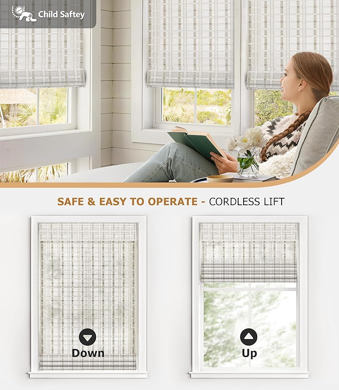 LazBlinds Cordless Bamboo Roman Shades for Windows, 31'' W x 60'' H | Natural Light Filtering Bamboo Window Blinds, Bamboo Blinds for Bedroom Living Room Office Indoor