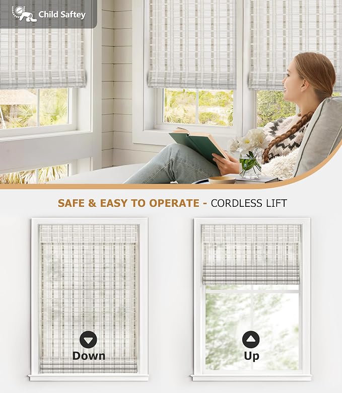 LazBlinds Cordless Bamboo Roman Shades for Windows, 34'' W x 60'' H | Natural Light Filtering Bamboo Window Blinds, Bamboo Blinds for Bedroom Living Room Office Indoor