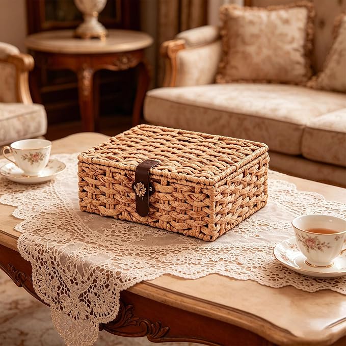 Set of 2 Water Hyacinth Wicker Storage Baskets with Lid | Rectangular woven decorative bins for shelf desktop home organization decor