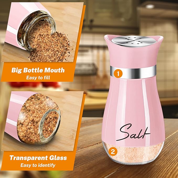 Pink Salt and Pepper Shakers Set with Holder,4 oz Kitchen Decor and Accessories Home Essentials Cute Household Items for Mother's Day Housewarming Gift Refillable Design (Pink)