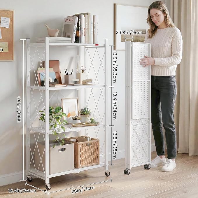 DEANIC 4 Tier Foldable Storage Shelves with Wheels, Large Capacity Shelving Unit, Freestanding Metal Wire Shelf Rack, No Assembly Organizer Rack for Garage Kitchen, Basement, Pantry(White)