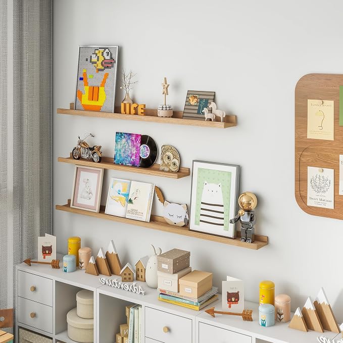 Acovy Solid Ash Wood Picture Ledge Shelf, 72 inch, Natural | Set of 2, Wall Mounted, For Living Room Kids' Room Bedroom