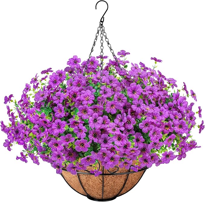 Ouddy Decor Artificial Hanging Flowers with Basket, Fake Hanging Plants with Faux Silk Flowers UV Resistant for Outdoors Indoors Spring Summer Porch Patio Balcony Yard Home Decorations, Purple