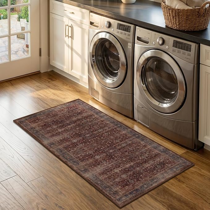 Brick Red 2x4 Rugs for Entryway, Vintage Print Low Pile Thin Kitchen Rugs Non Slip Washable, Rustic Farmhouse Distressed Small Rug for Bathroom Bedroom, Door Mat Indoor Entrance Entry Way