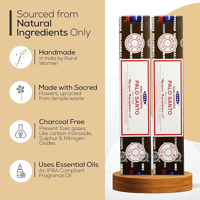 Satya Palo Santo Incense Sticks, Satya sai Baba Insenses 15gmx12 Pack with Raajsee Incense Holder Bundle, Satya Nag Champa Natural Incense