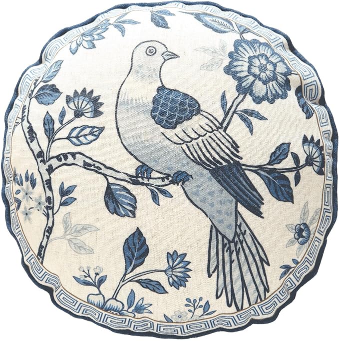 bilin gaier Vintage Round Linen Throw Pillow Cover,Diameter 16"-Suqing A | Designer Elegant Pillow Cover,Concealed Zipper Design,Blue Floral and Bird Pattern,Sofa,Bedroom,Living Room,Chairs