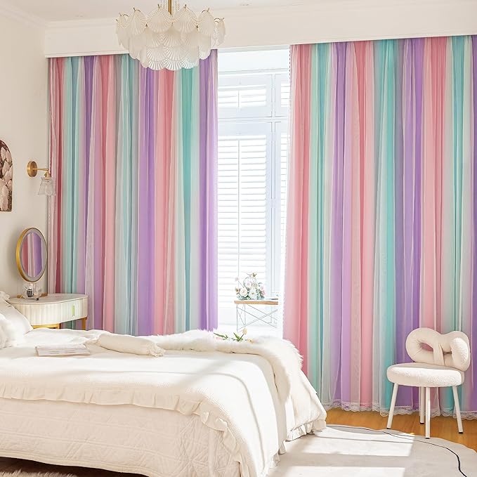 XiDi Double Layer Curtains for Nursery Girls Bedroom 84 Inches Long Full Blackout for Kids Princess Room Colorful Rainbow Design Unicorn Wall Decor Ombre Pink Purple Green Curtains W34 X L84 2 Panels