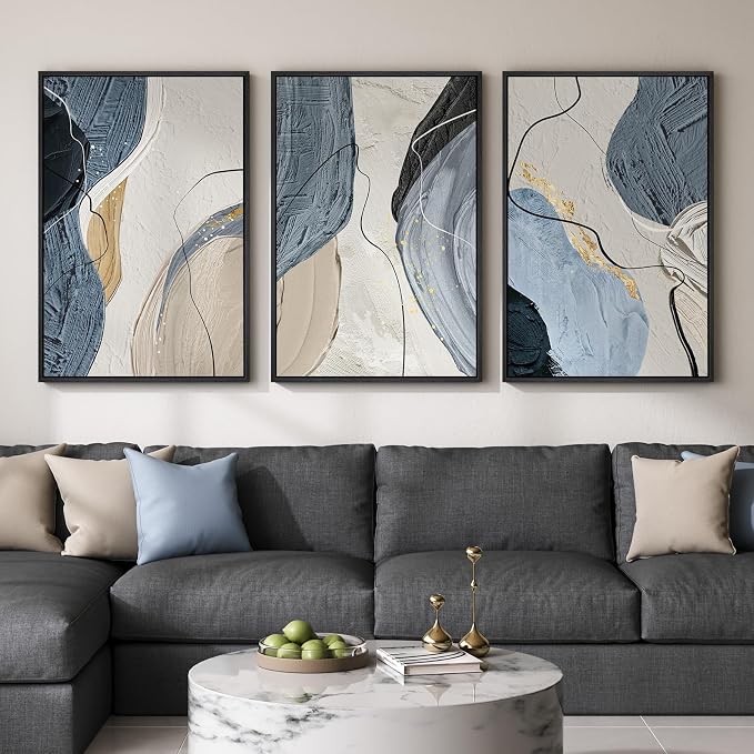 Large Framed Abstract Wall Art for Living Room, Set of 3 Modern Canvas Artwork for Wall, Blue Gray Minimalist Prints Paintings for Bedroom Hallway Office Wall Decor, 24x36 Inch